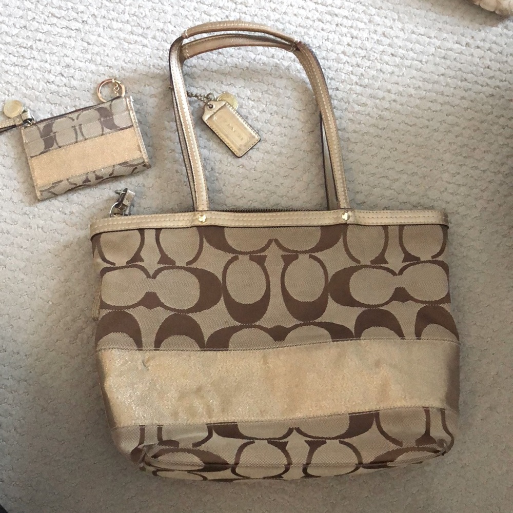Coach Khaki Metallic Tote Bag with Change Purse
